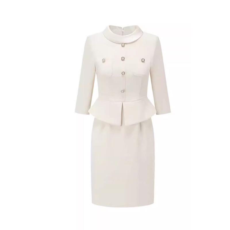 AD Temperamental Socialite Beige Dress: High-End Faux Two-Piece Round Neck Formal Skirt Set