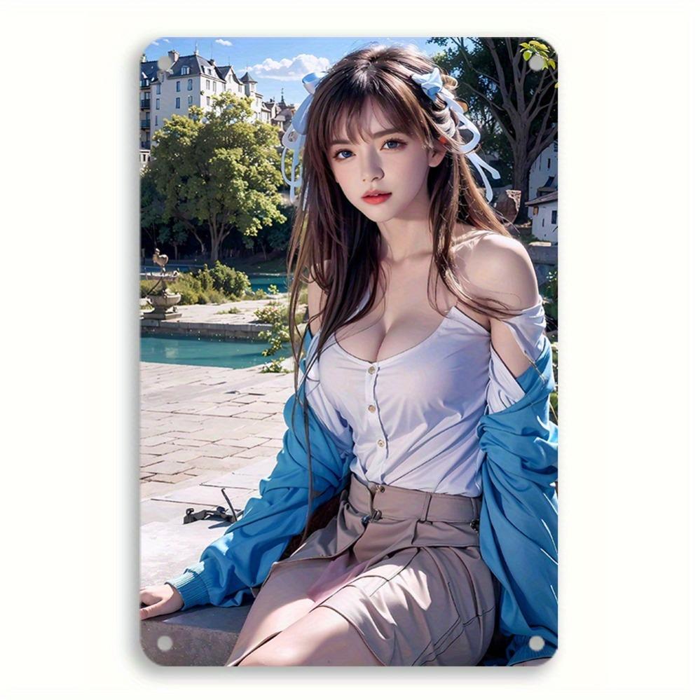 Vintage Metal Wall Art Sign x Elegant BlueWhite Women Portrait with Floral Hairpiece Japanese Background Durable Han