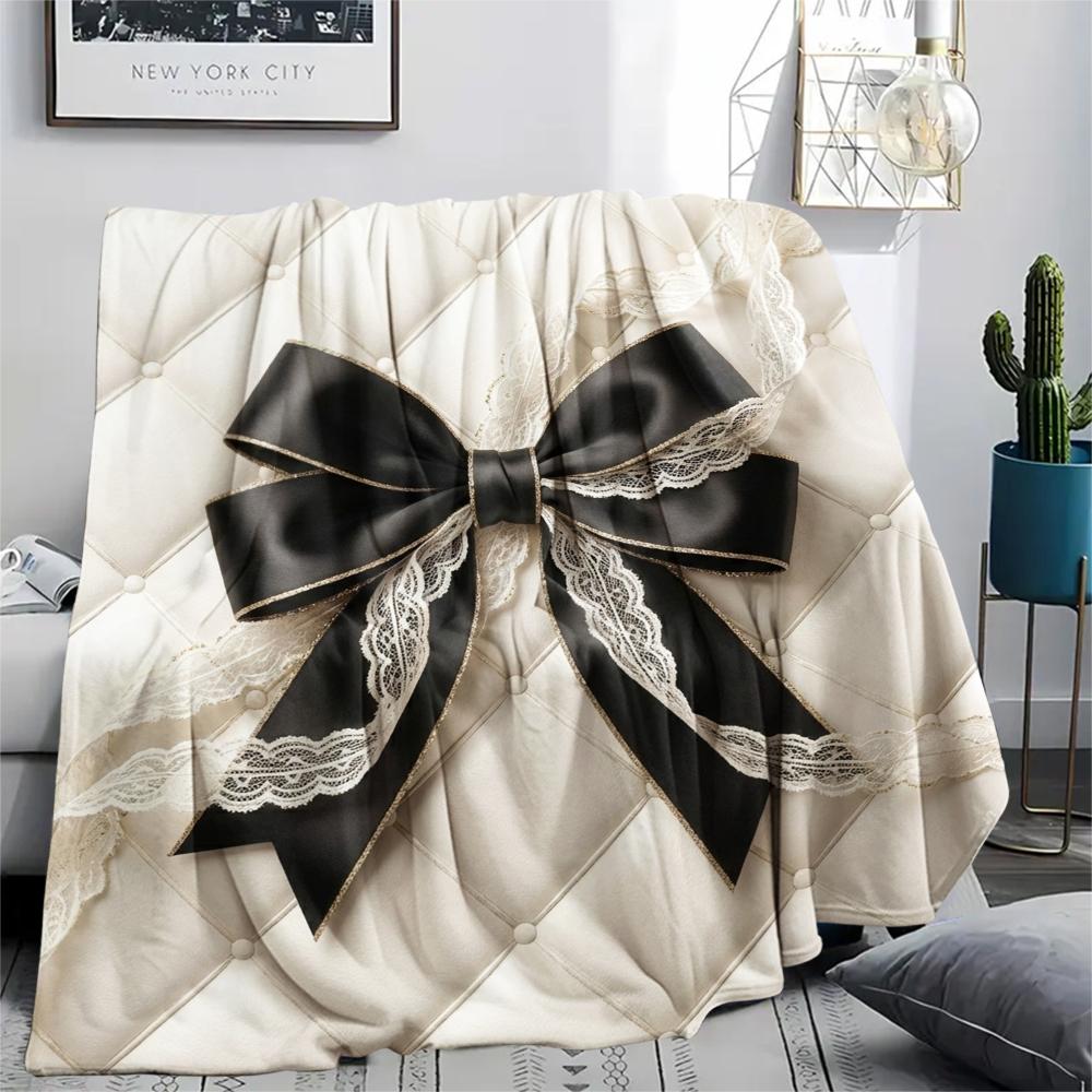 1Pc Gorgeous Bow Print Flannel Blanket, High quality Comfortable for All Seasons, Home Decor, Warmth and Comfort, Perfect for Christmas Gifts W42