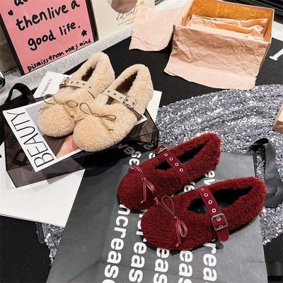 2024 New Bow Women's Flat Mary Jane Shoes Winter Fluffy Plush Trendy New Solid Color Buckle Comfortable Warm Ballet Shoes