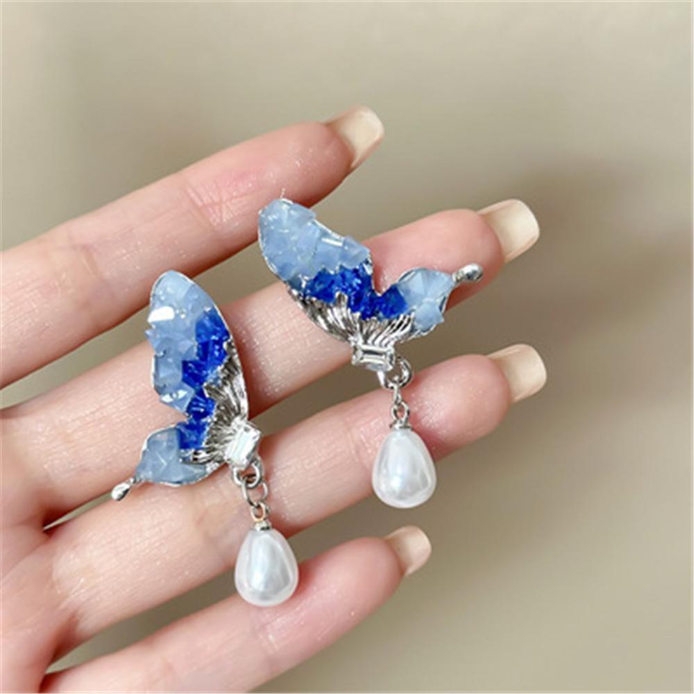 Cute Female Blue Green White Zircon Stone Silver Color Butterfly Stud Earrings Lovely Bridal Wedding Jewelry For Women