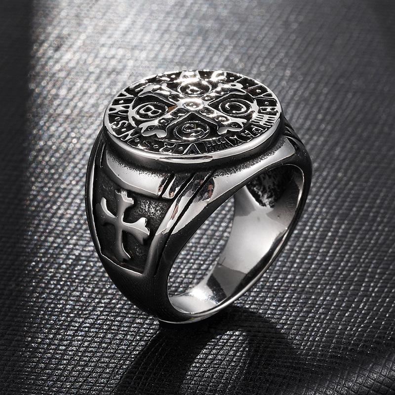Saint Benedict Cross Ring Antique Silver Plated Catholic Exorcism Jewelry Gift for Men Church Religious