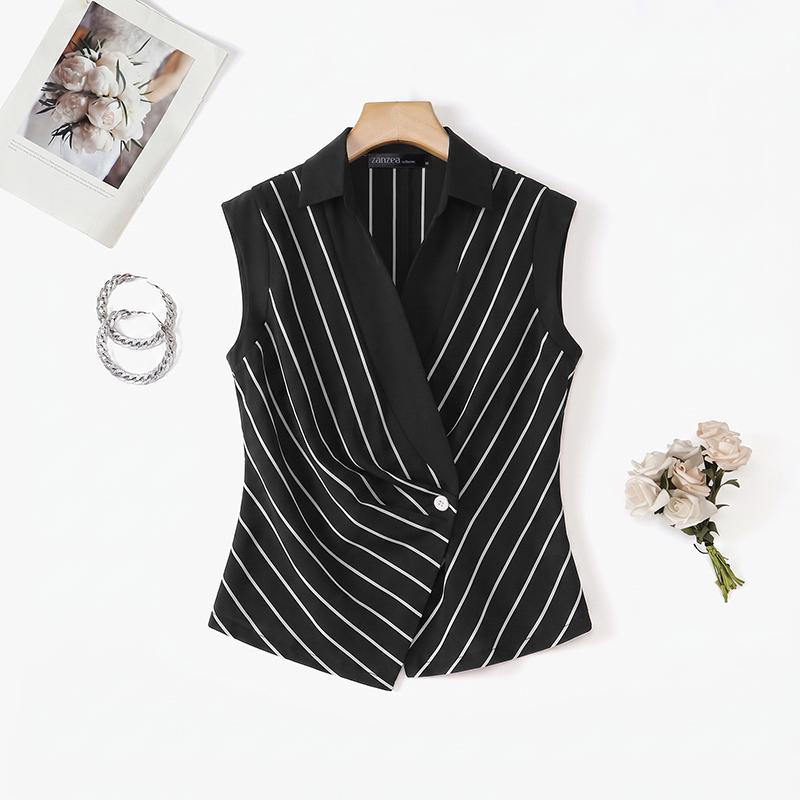 ZANZEA Blusa da Donna Elegante a Maniche Corte con Collo a Revers e Stampa a Righe Casual