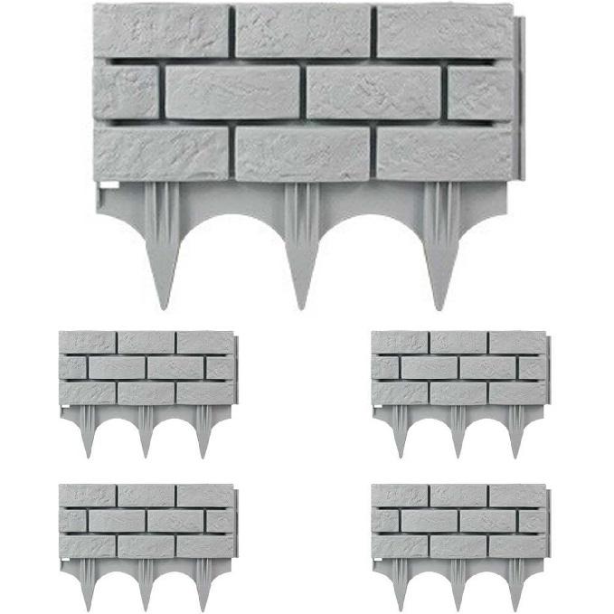 Valla de Borde para Césped de Jardín Exterior Ladrillo Piedra Aspecto Bordes Sin Excavar Encajables Borde de Paisaje Kits Decorativos Plástico 5 PIEZAS (Gris-5pcs)