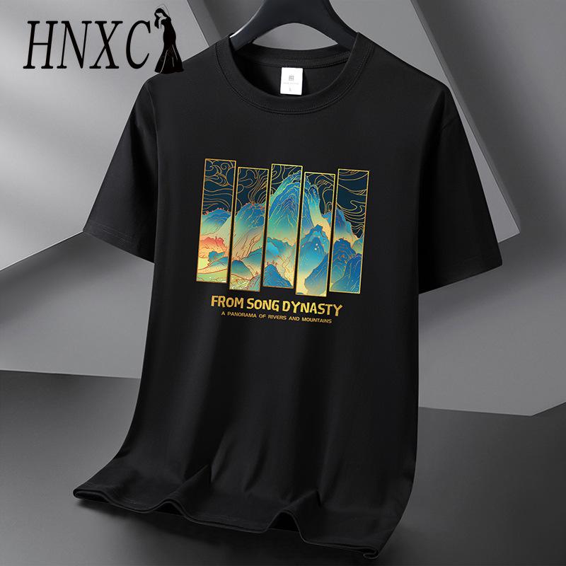 HNXC Bavlněné tričko s krátkým rukávem Pánská móda Košile s volným polovičním rukávem Košile s potiskem