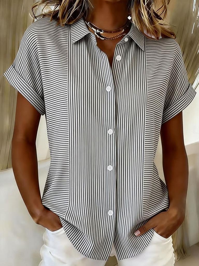 Women's Vintage Striped Graphic Print Collared Button Short Sleeve Casual Stylish Black Daily Tops Fashion for Spring Summer