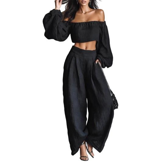 

Two Piece Sets for Women Long Sleeve Off Shoulder Crop Top Wide Leg Pants Set Summer Vacation Going Out Outfits M чёрный