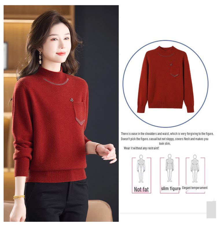 100% reine Schurwolle Damen Pullover mit halbem Stehkragen - Warme Strick-Basisschicht für mittlere und ältere Menschen