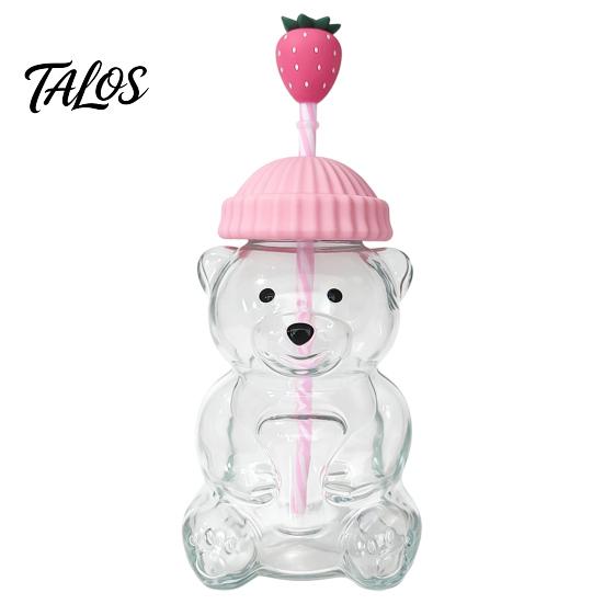 20oz Glasbecher 600ML Bär mit Deckel & Strohhalm, Borosilikat Trinkglasbecher für Eiskaffee, Boba-Tee, Milch, Geschenk Damen Mädchen white