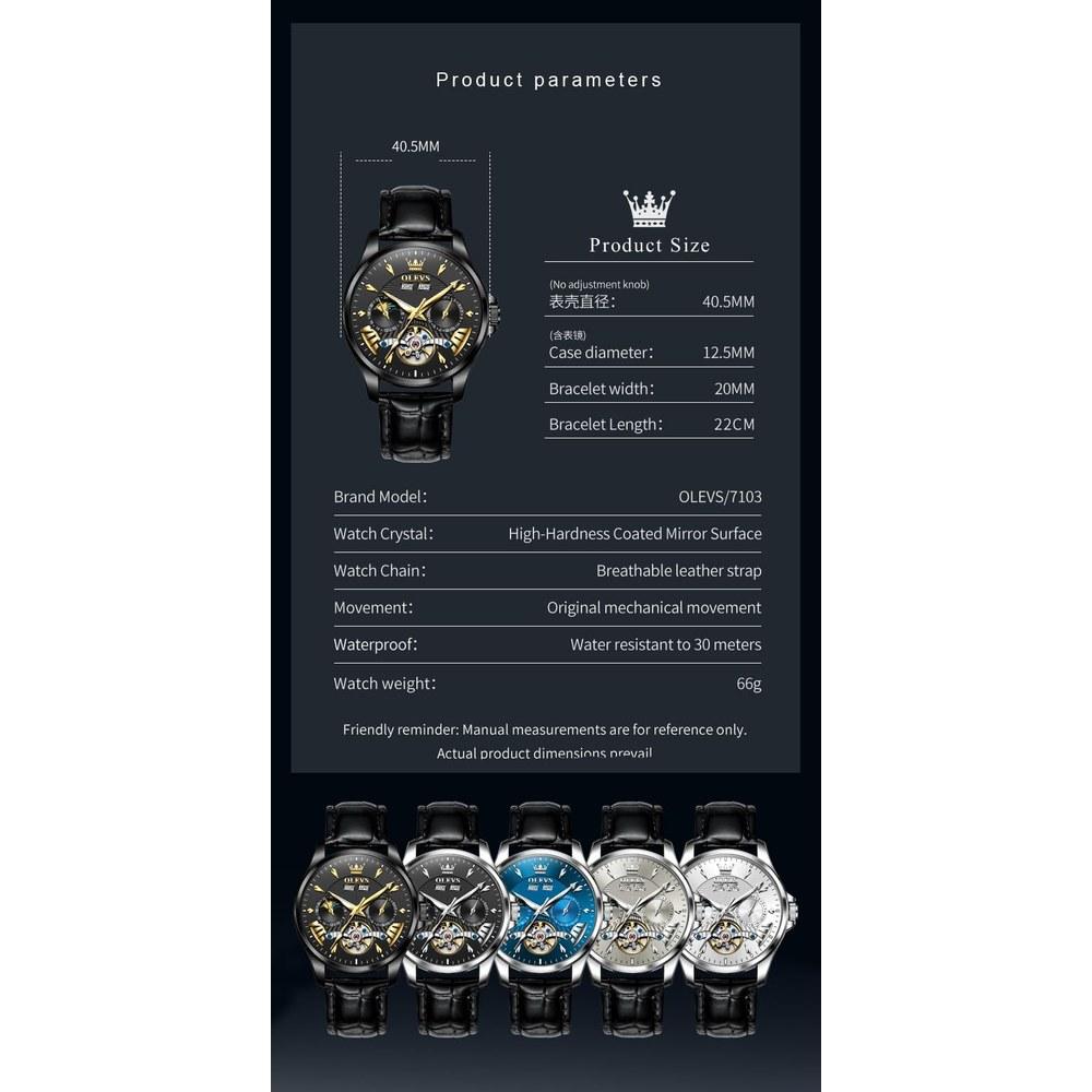 OLEVS Automatic Men’s Wristwatch Multi-Calendar Moon Phase 3 ATM Waterproof Business Classic Luxury Black-A Dial Retro