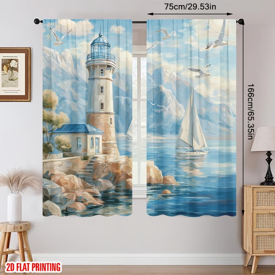 2PCS Digital Printed Curtains, Island Lighthouse Ocean Coastal Seaside, Modern Home Decor Style for Living Room Bedroom Decor