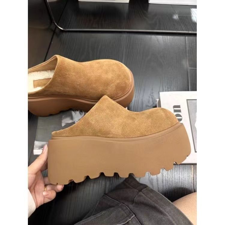 Thick-bottomed half-slippers women wear soft leather retro soft leather versatile bag head matte small muffin heightening wool slippers