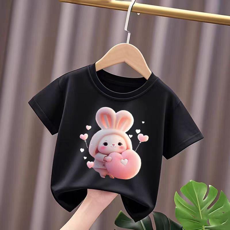 Kids Girls TShirt Cute Bunny Rabbit Print Summer Short Sleeve Cotton Casual Tops for Toddler Girls Sweet Heart Tee 100