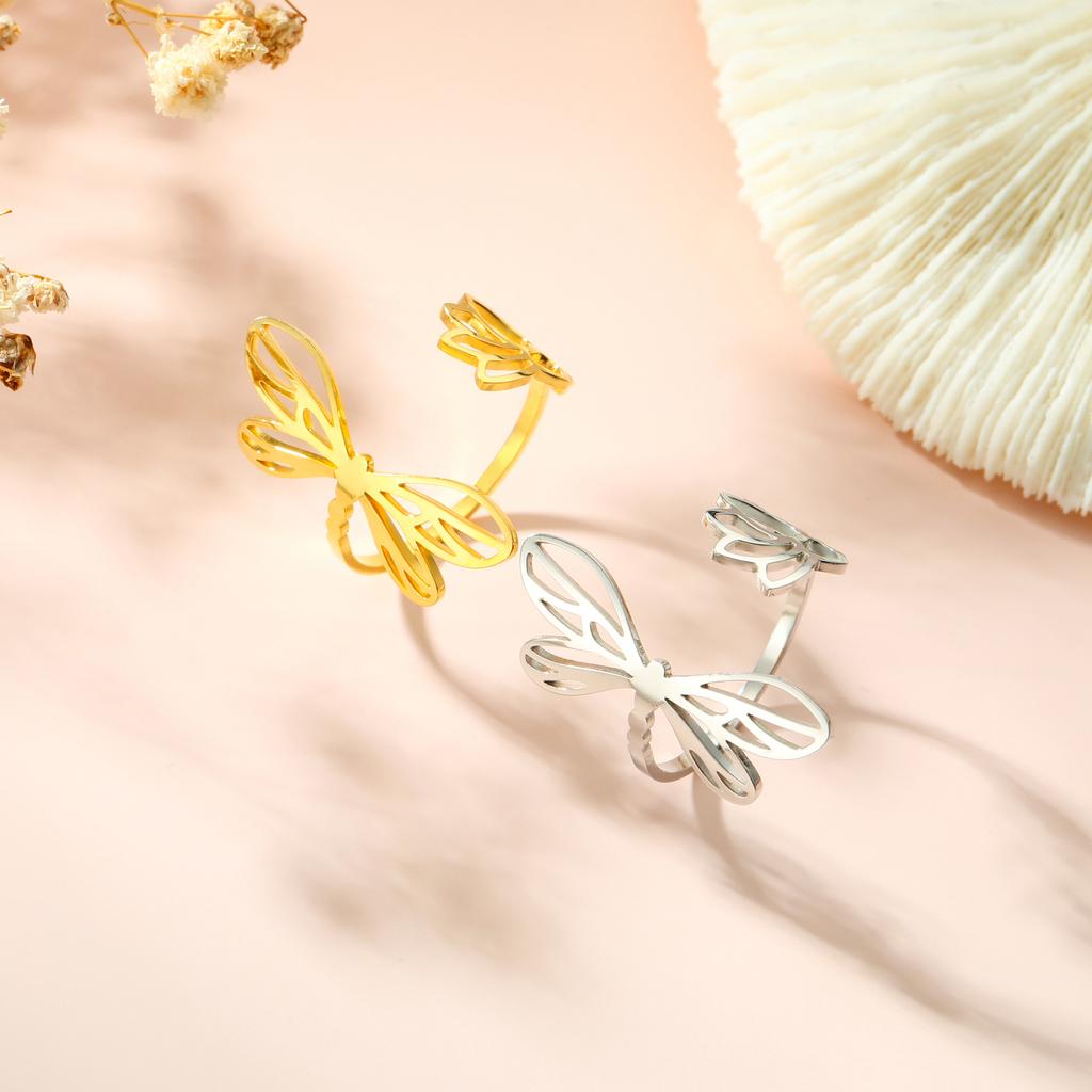 Cazador Adjustable Dragonfly Lotus Women's Ring Stainless Steel Jewelry Gold Color Finger Rings Gift 2026 Trend Wholesale New