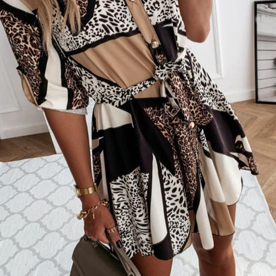 Shirt Dress Leopard Print Roll Up Sleeve Women Waist Tie Lapel Dress for Dating
