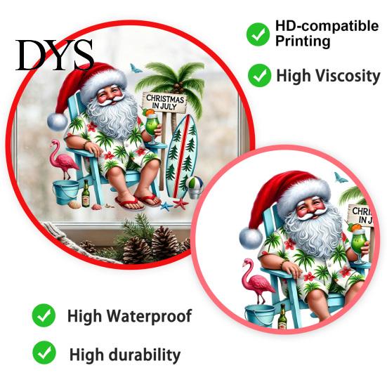 Outdoor Holiday Store Window Art Summer Christmas Static Cling, Beach Santa Claus Glass Sticker, Large Floor to Ceiling Decor Waterproof PVC