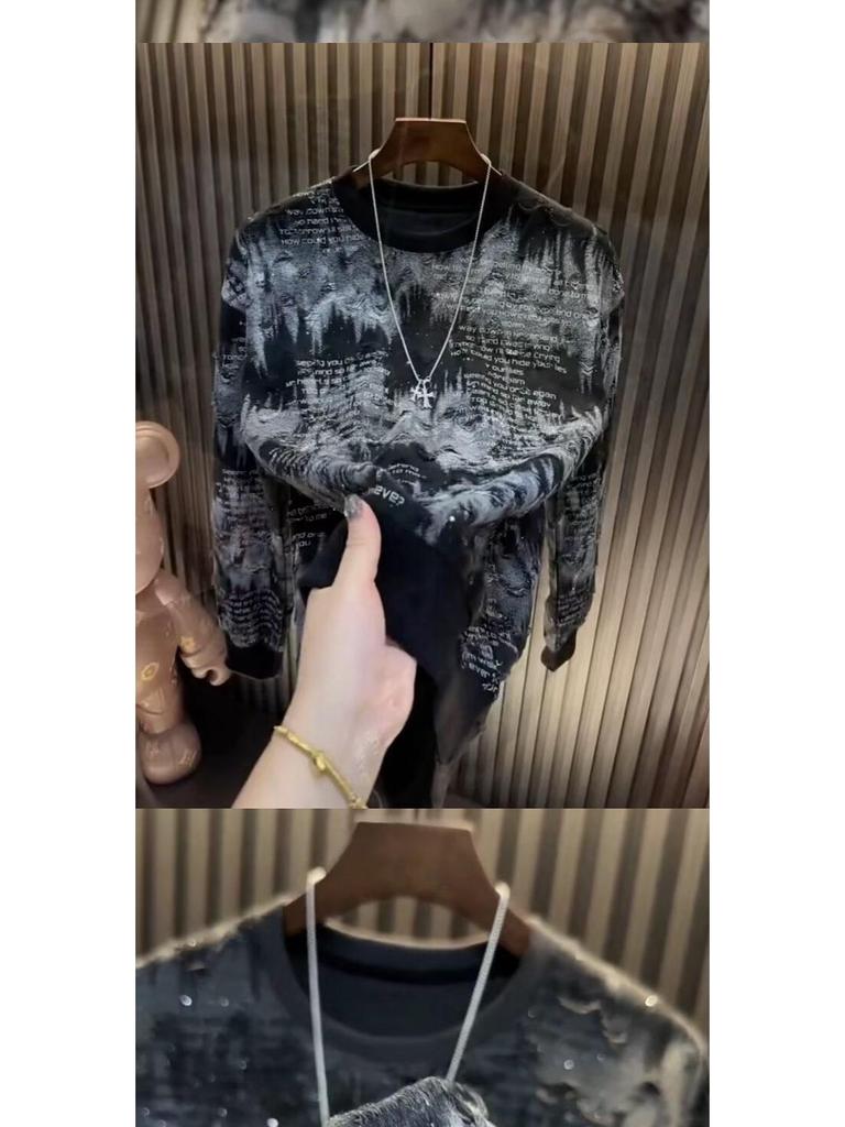 Trendiger Herren-Langarm-Hoodie 2025 mit Sternendesign, luxuriösem Rundhalsausschnitt und stylischen Ripped-Details