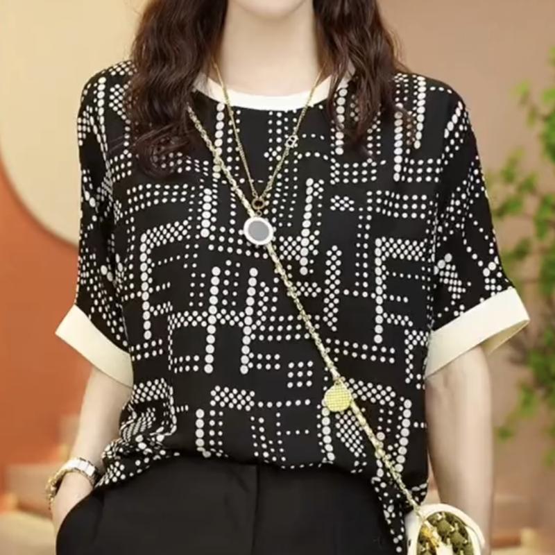 Women's Summer New Fashion Elegant Round Neck Patchwork Contrast Color Printing Geometric Loose Short Sleeve Casual T-shirt Tops