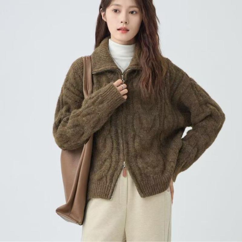 Autumn/Winter Twist Double Zipper Cardigan Sweater Women Fashion Elegant Turtleneck Loose Retro Knitted Jackets New Casual Solid Office Clothing