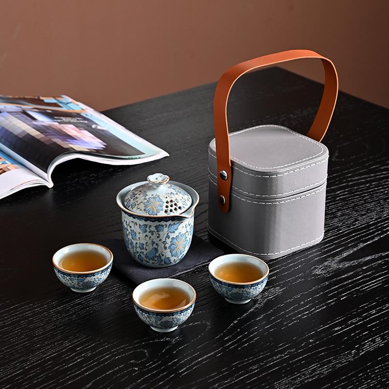 Ru kiln portable travel tea set Kuaike cup outdoor leather bag storage bag travel advanced sense camping