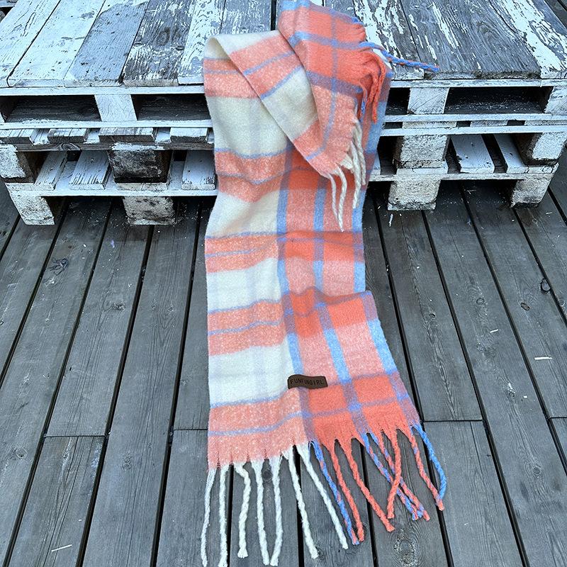 

New plaid fringed scarf women s autumn and winter rainbow wind warm color matching imitation cashmere shawl thickened scarf оранжевый