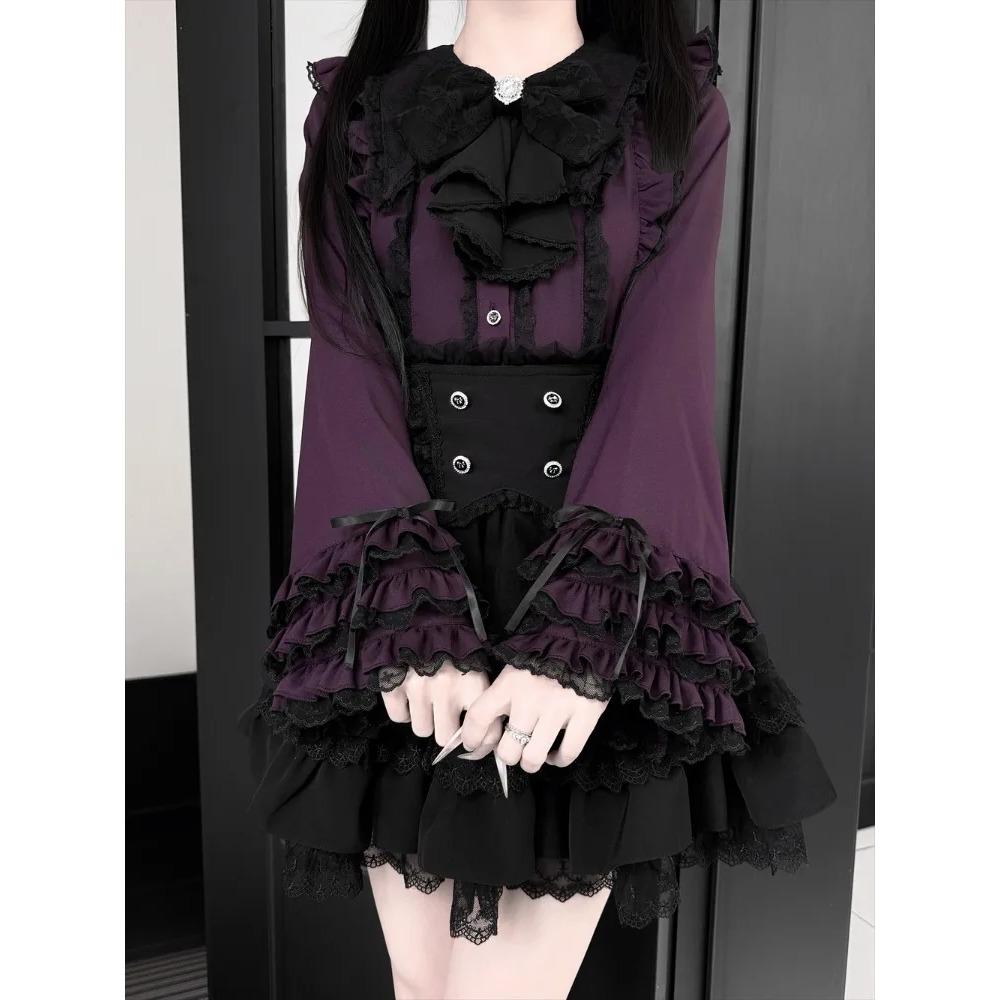 Cute Lace Bow Lolita Shirts Women Japanese Y2K Puff Long Sleeve Slim Fit Blouse Subcultural Matching Clothing