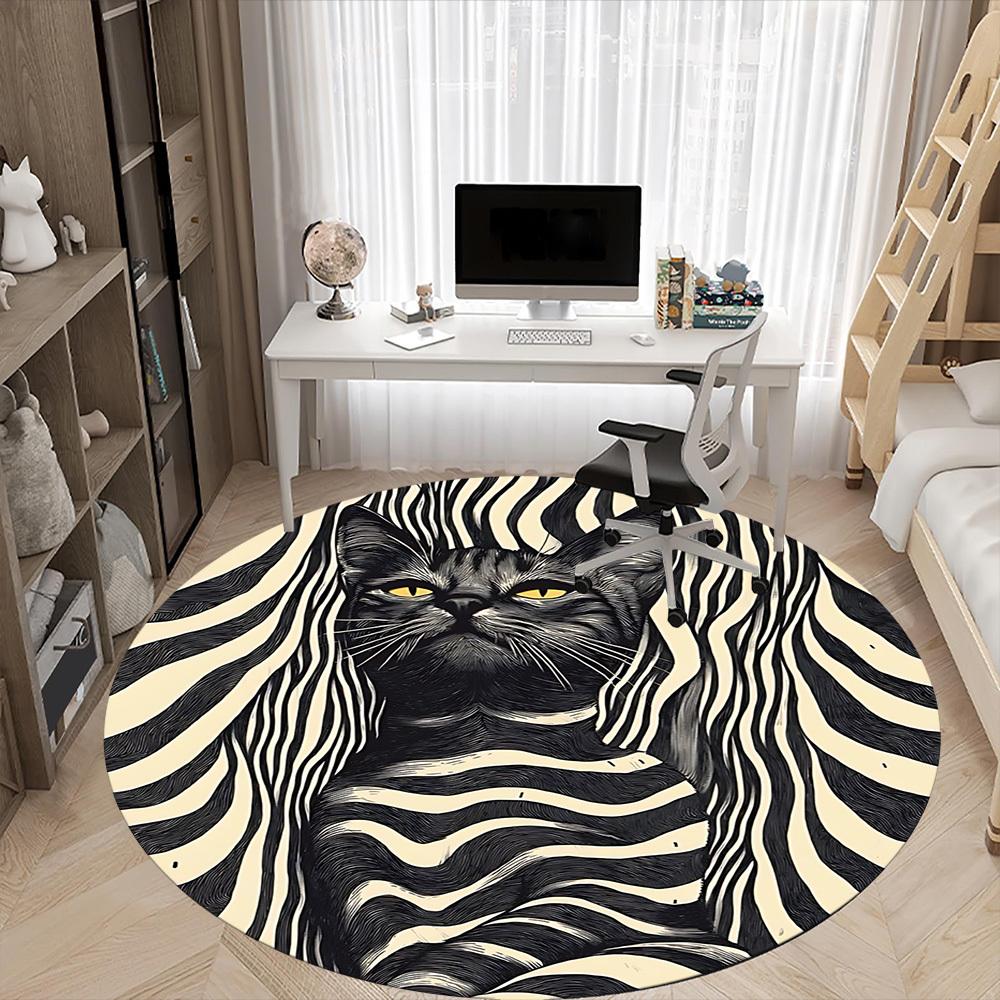 1pc Zebra Cat Office Round Area Rug, Indoor Mat Suitable ForOffice, Under Office Chairs Bedroom Living Room Home Decor, D108