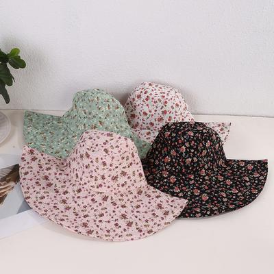 Artistic Style Full Edition Small Floral Large Eaves Windproof Rope Fisherman Hat Suitable for Ladies Outdoor Photos