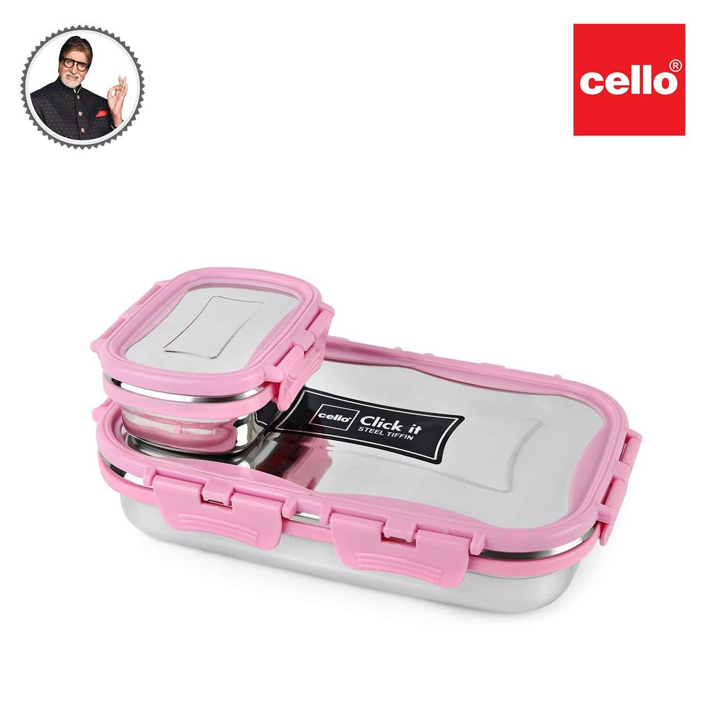 Insulated Stainless Steel Lunch Box For Work Or School With Veg Snack Box And Leak-Proof Lock In Elegant Pink Design