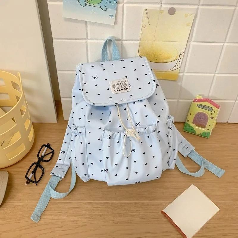 Love Heart Bow Print Bag Drawstring Mochila Mochilas Mujer Students Backpacks Travel Backpack Preppy Style Bags for Woman