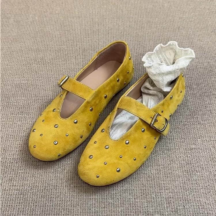 Soft leather version~ frosted leather shallow mouth small single shoes women's retro rivet round head Mary Jane shoes flat comfortable grandma shoes