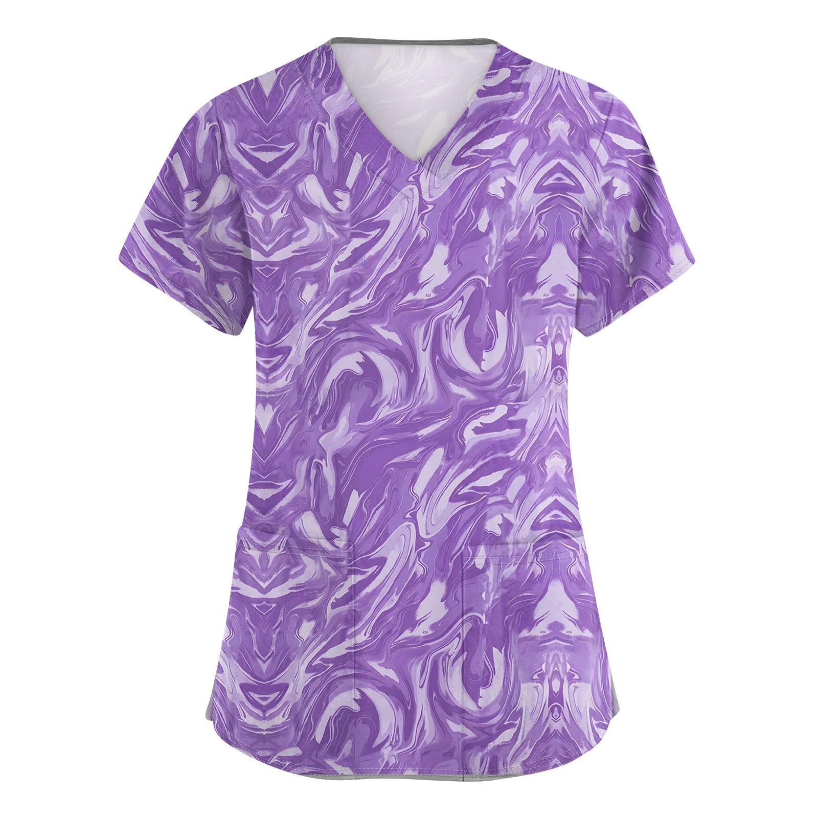 

Women s V-neck Cartoon Printed Short-sleeved Pocket Side-slit Protective Suit Top L чёрный