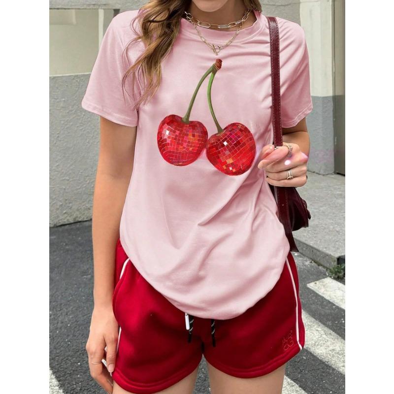 Letni Top z Okrągłym Dekoltem z Nadrukiem 3D Czerwonych Wiśni Modny Casualowy T-shirt Damski z Krótkim Rękawem