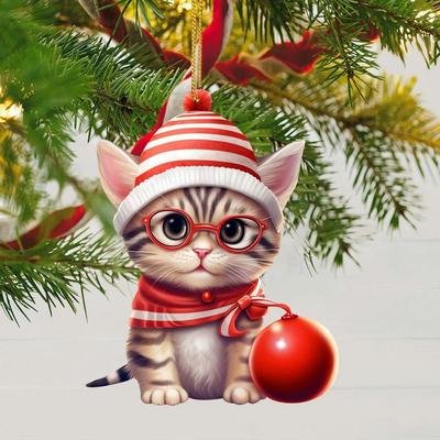 2D Christmas Cat Pendant Acrylic Decorative Cat Xmas Hat Ornament Flat Cat Car Pendant Christmas Acrylic Pendant New Year Gift