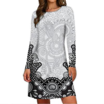 Autumn Women Fashion Vintage Boho Pattern Personality Style Design Long Sleeve Floral Mini Dress Casual Dress