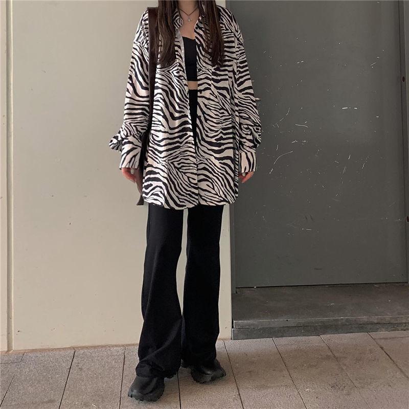 Retro Zebra Print Shirt for Women Baggy Blouse Streetwear Korean Style Black Long Sleeve Tops for Girl