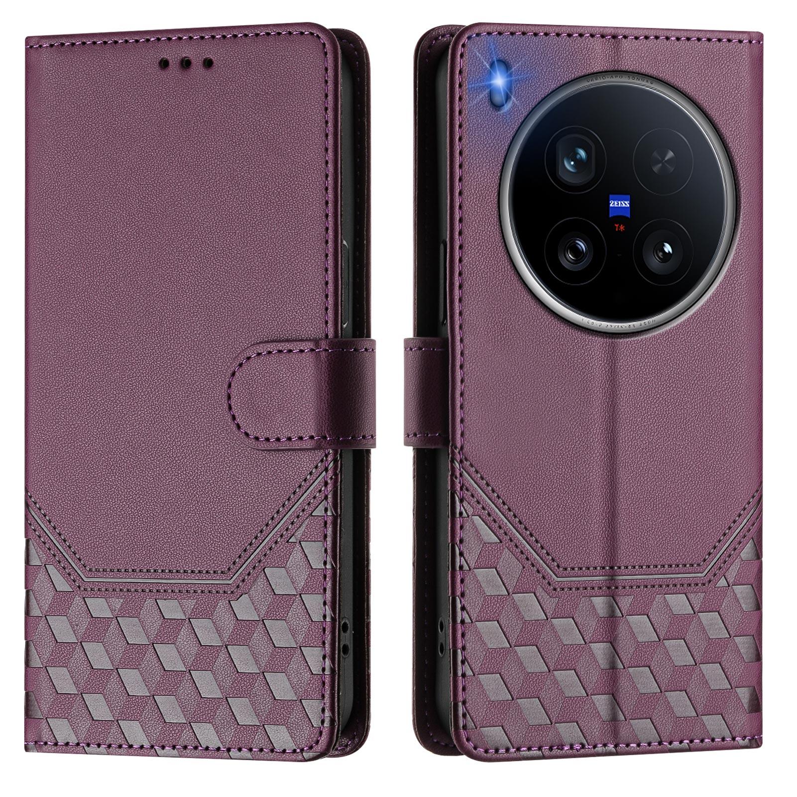 

For vivo X200 Ultra 5G Case Imprinted Honeycomb RFID Blocking Leather Phone Cover with Strap Dark Purple