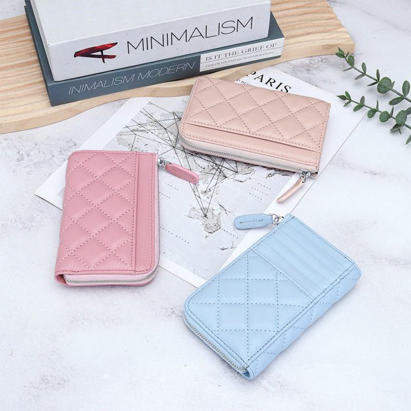 Genuine Leather Women's Change Purse Fashionable Style Rhomboid Plaid Short Wallet Multi-card Card Bag