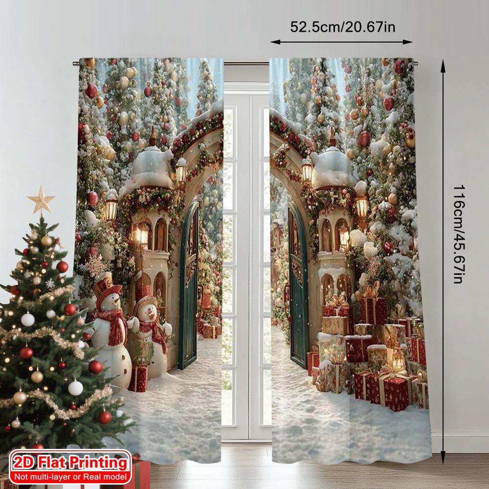 2pcs 2D flat printing Merry Christmas Window Drapes Snow Arch 100% Polyester Without Electricity Family Party Use for Home &