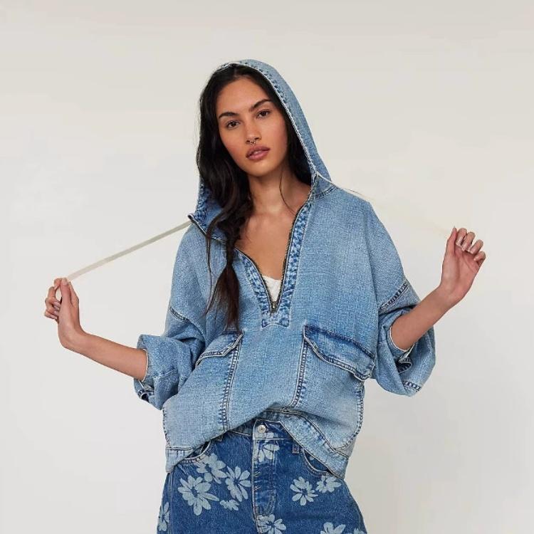 Autumn Denim Pullover Women's Fashion Loose Casual Hooded Denim Long-sleeved Top