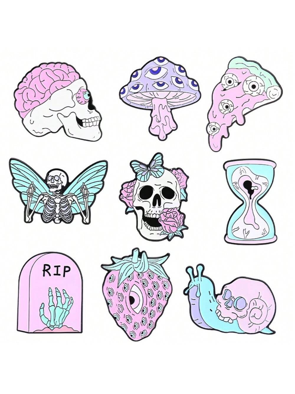 

9 pieces of children s creative punk gothic pink series pattern badges, daily matching clothes, bags, and metal brooches