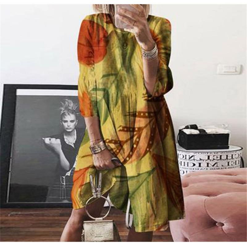 Large Size Women's Autumn Digital Printed Round Neck Long Sleeved Dress