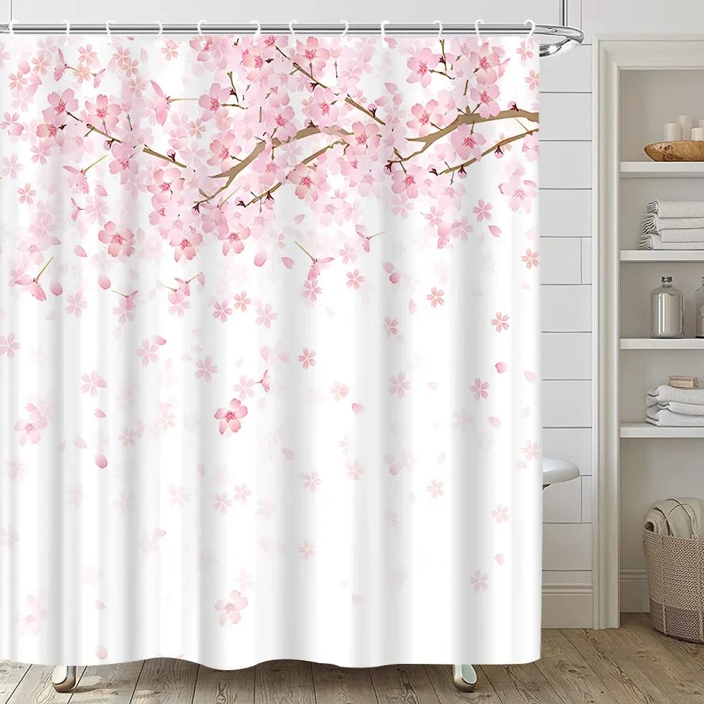Pink Sakura Flowers Shower Curtains Japanese Cherry Blossoms Trees Floral Rustic Garden Landscape Fabric Print Bathroom Decor