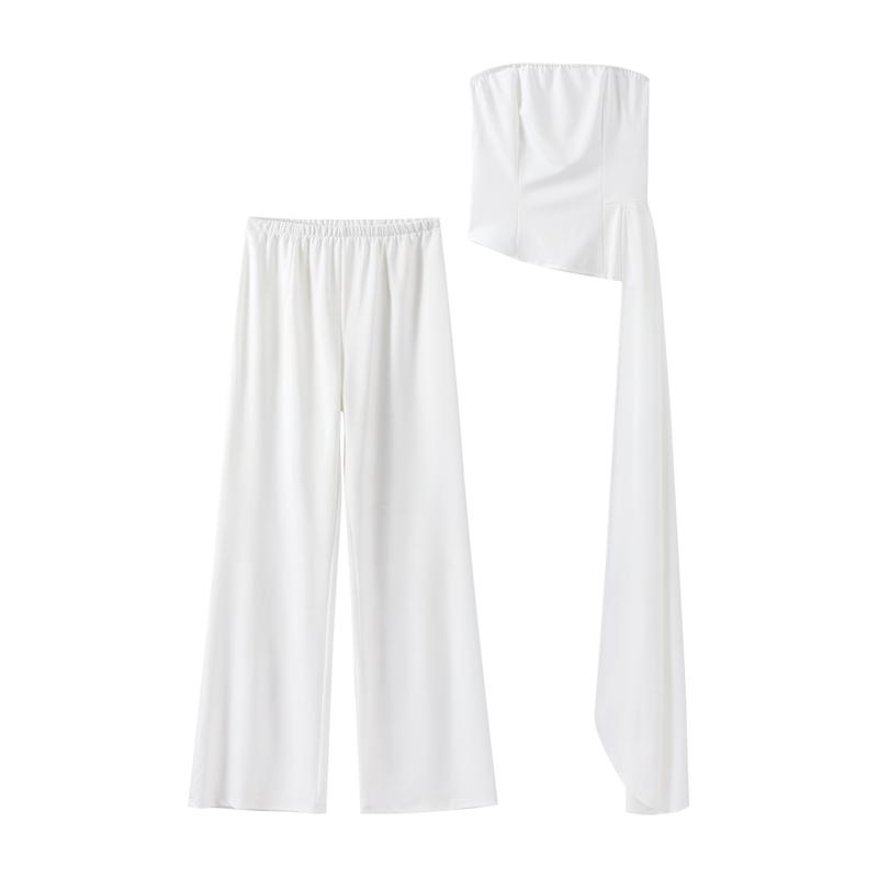 

Сексуальный комплект из брюк-труб с лентой, женский однотонный укороченный жилет без рукавов, широкие брюки с высокой талией, весенне-осенний женский модный наряд S белый