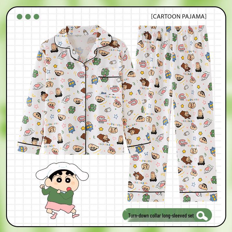 Children's Cartoon Print Pajama Set - Long Sleeve Cardigan with Turn-Down Collar, Imitation Cotton, for Spring and Autumn