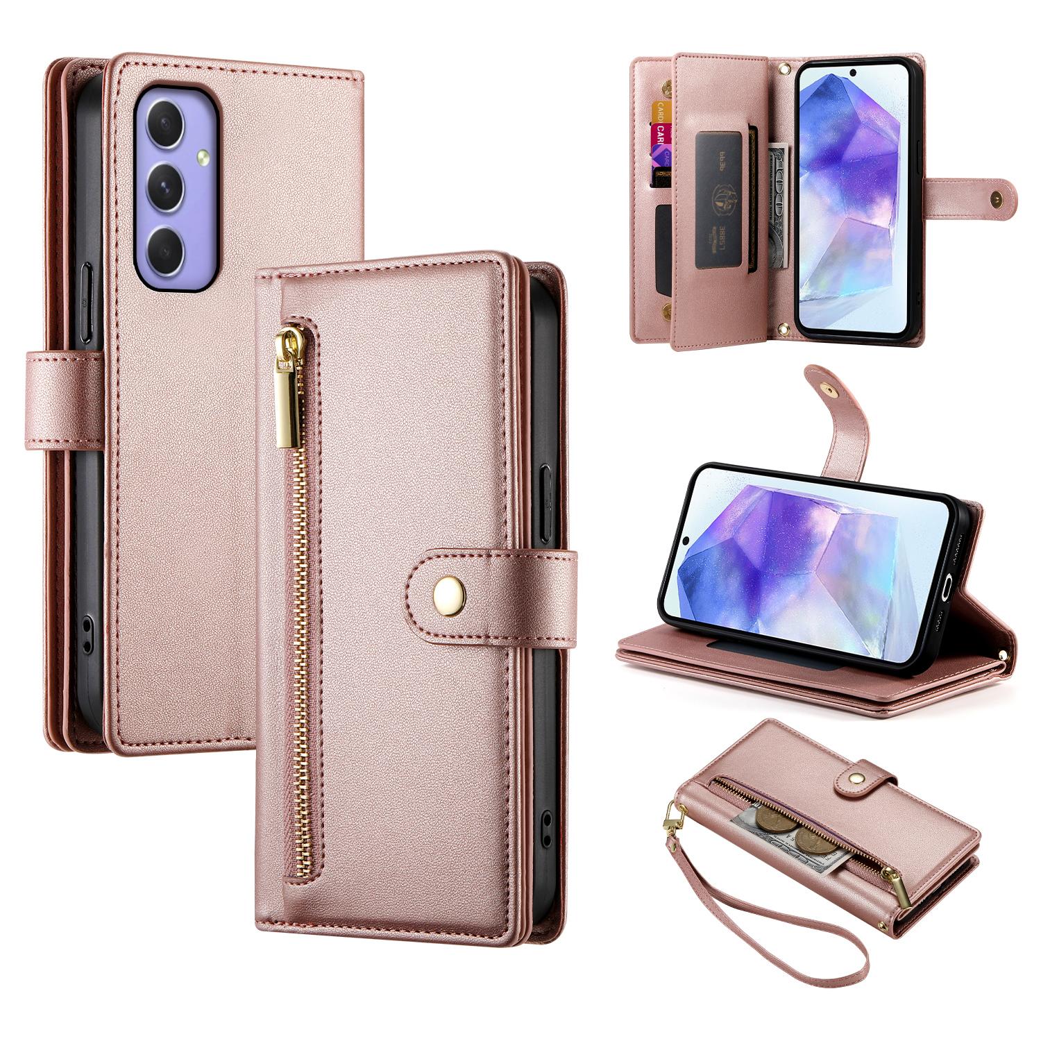 

DF-011 For Samsung Galaxy A55 5G Case Zipper Pocket Leather Cover with Multiple Card Slots E