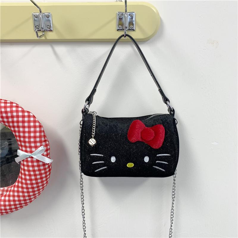 New Black Embroidered Kitty Glitter Handbag Underarm Fashion Kitty Chain Crossbody Bag Single Shoulder