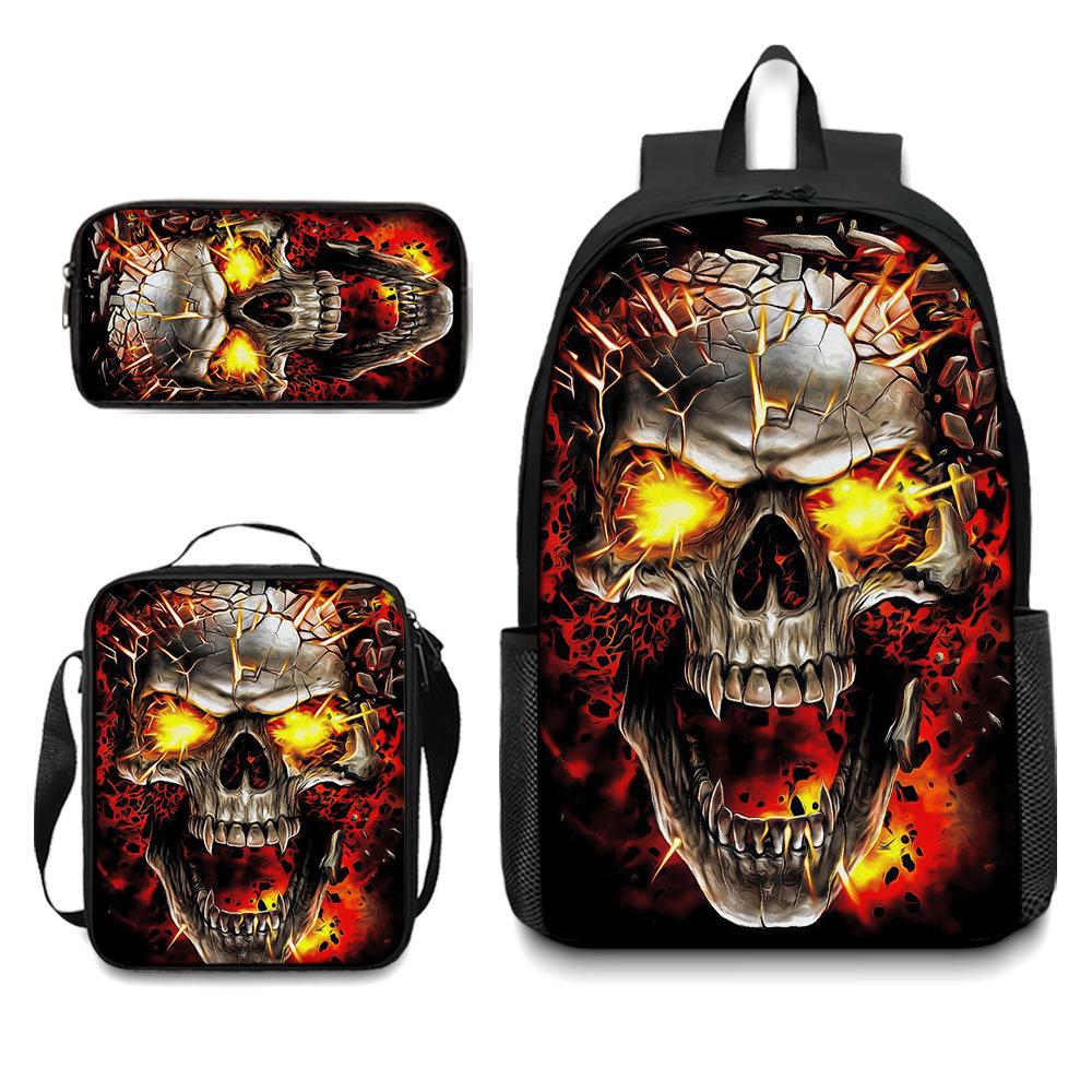 Skull Student Backpack Set Fashion Double Shoulder Bag Crossbody Bag Pencil Case Trendy Accessories Multifunctional School Bag