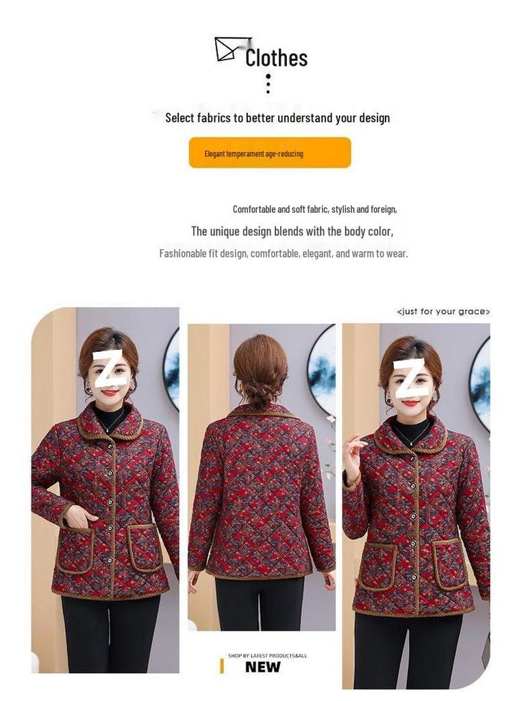 Women's Winter Floral Fleece-Lined Jacket - Thick Cotton Coat for Middle-Aged and Elderly, Long-Sleeved Cold Protection.