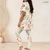 Women Plus Size Two Piece Set Round Neck Short Sleeve Floral Printed Long Top And Fitted Pants